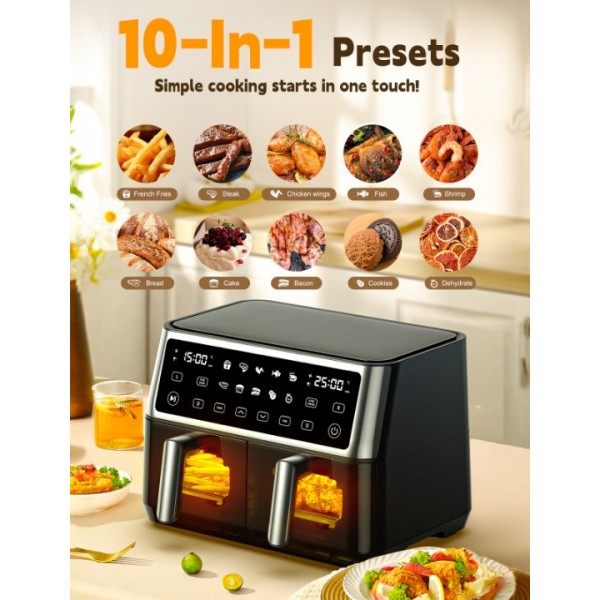 10L dual zone air fryer with viewing window, no oil fryer, with 2 drawers, 10 in 1 cooking programs, touch screen, timer function, low fat, dishwasher safe