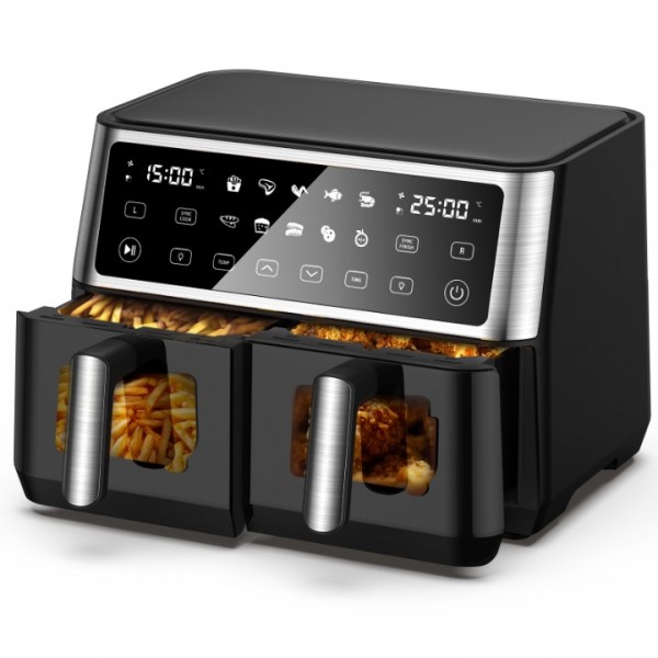 10L dual zone air fryer with viewing window, no oil fryer, with 2 drawers, 10 in 1 cooking programs, touch screen, timer function, low fat, dishwasher safe